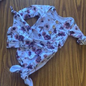 Demi’s dusty purple floral knot gown & hat